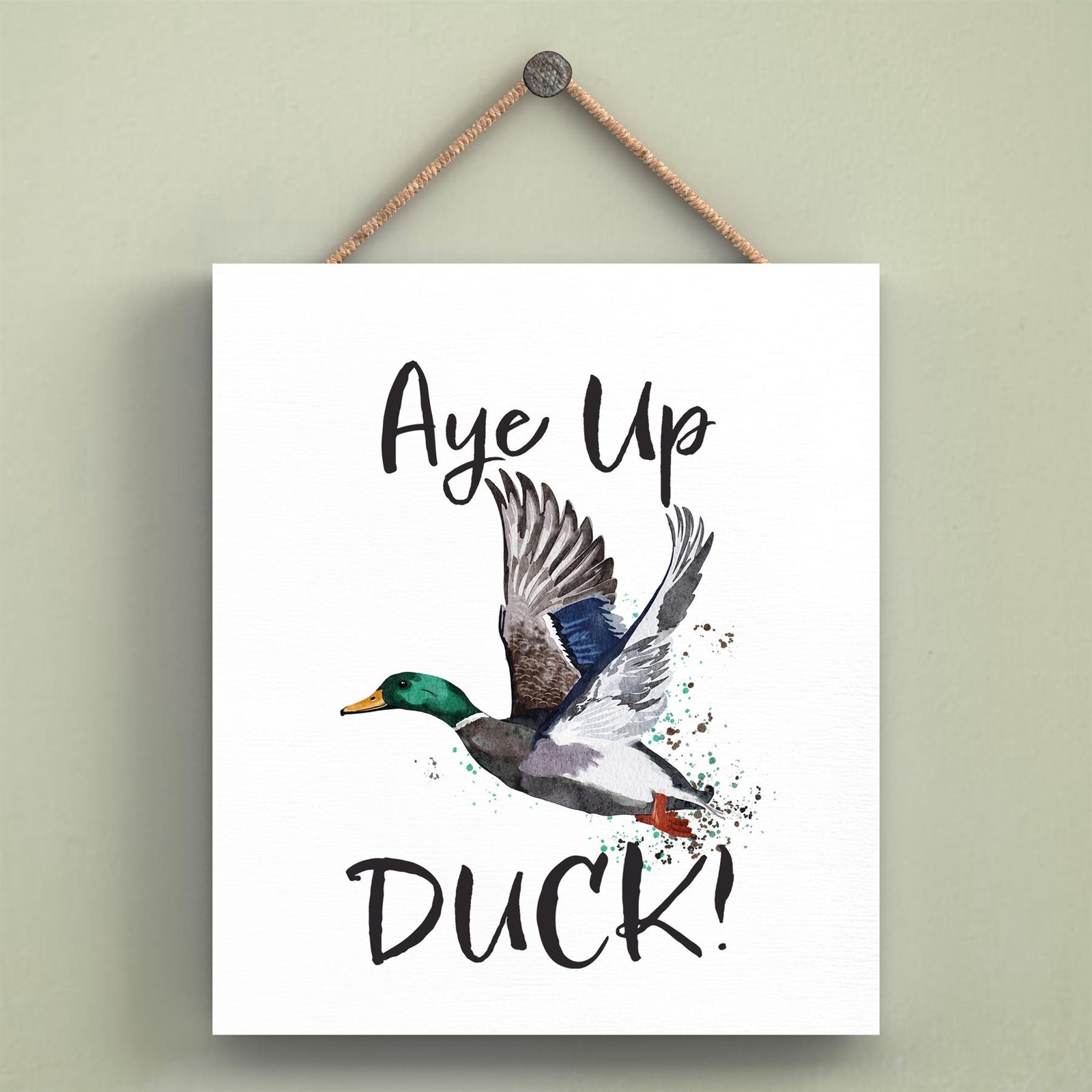 Aye Up Duck Watercolour Illustration Printed On Wooden Hanging Decorative Plaque