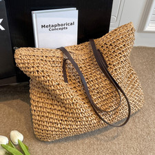 Large Summer Woven Tote Bag for Women  Fashion Zipper Beach Shoulder Purse