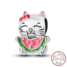 MULA 925 Sterling Silver DIY Charm Enamel Cat Eat Watermelon For Women Bracelet