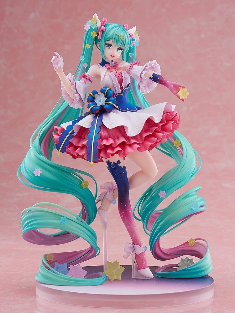 idol pink and blue tattoo print dress Good Smile Company Creators Collection Figure Hatsune Miku: Rosuuri Ver printed midi dress for women Prom makeup with blue Size::16 gathered front and back