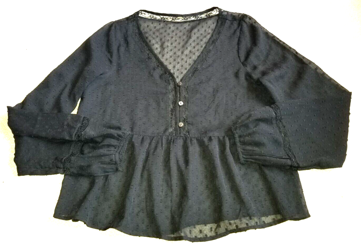 Womens Top-VINTAGE Y2K-black dotted chiffon lace trim sheer