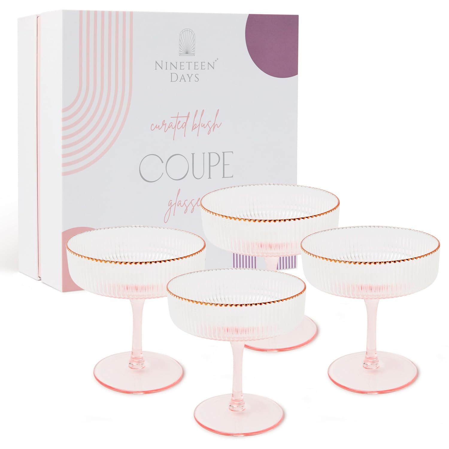 Blush Coupe Glasses w/Rose Gold Rims 8oz Coupe Glasses Set of 4 w