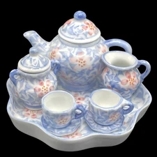Miniature 10 pc Floral Tea Set Vintage Fairy Garden Decor Child’s Tea Set READ
