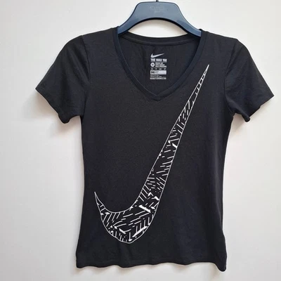 Nike Black T-shirt Womens XS Dri Fit Short Sleeve Tee V neck Gym Running Graphic - Image 1 of 4
