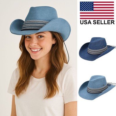 C.C Exclusive Women's Cotton Geometric Trim Bands Denim Cowboy Hat