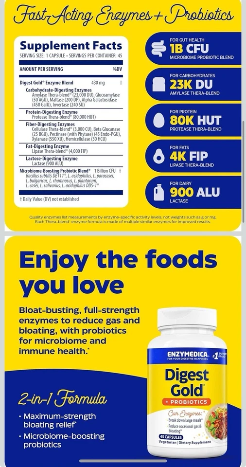 Enzymedica Digest Gold + Probióticos Fórmula 2 en 1 para la Salud Intestinal Digestiva E... Foto 3 de 4