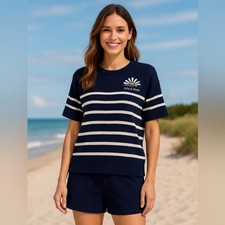 Life is Good Navy Striped Knit Lounge Set 2pc Short Sleeve Top Shorts, Size L