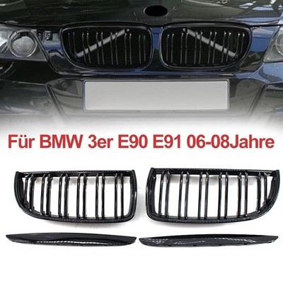 für BMW 3er E90 E91 2006-2008 Nieren Grill GLANZ SCHWARZ Kühlergrill Doppelsteg