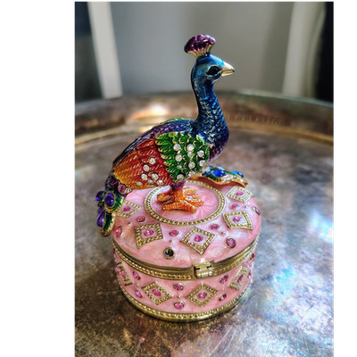 Peacock Jeweled Metal Trinket Box Pink Round Hinged Lid Collectible Decor