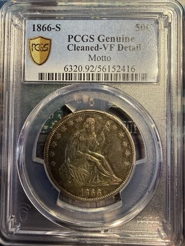 1866-S Seated Liberty Silver 50C w/ Motto; PCGS VF Detail Front Colorful Toning