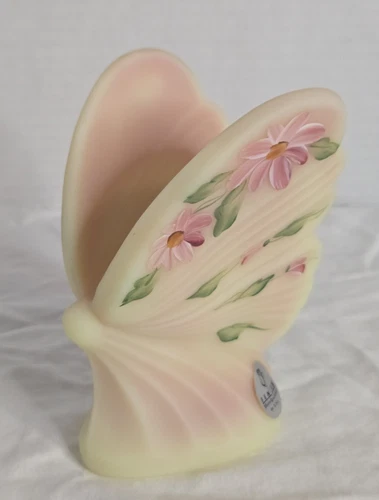Fenton Burmese Hand Painted (Davis) Butterfly w/sticker & logo Vaseline Glass