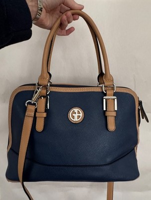 Giani Bernini Saffiano Navy and Tan Dome Satchel and Crossbody Bag w Zip Closure