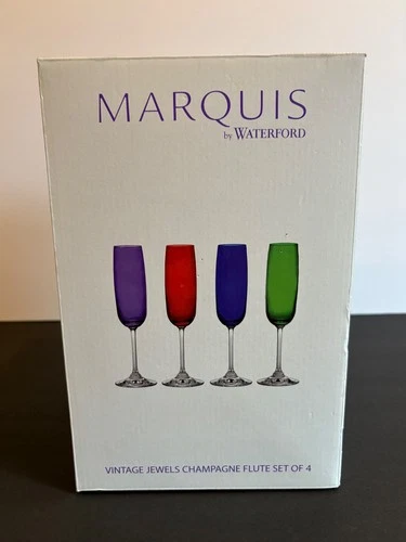 WATERFORD MARQUIS VINTAGE JEWELS FLUTES SET OF FOUR COLORS NEW IN WORN BOX