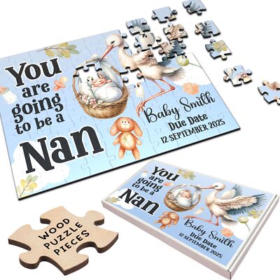 Personalisiertes Holzpuzzle Für Nan Baby Schwangerschaftsankündigung Geschenk Storch