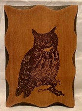 Vintage Signed Pyrography Plaque Owl on Branch