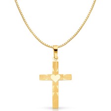 14K Yellow Gold Religious Cross Charm Pendant with 0.8mm Box Chain Necklace