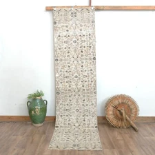 2x9 Floral Beige Vintage Runner, Turkish Oushak Hallway Runner, Handmade Wool