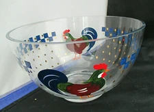 Artisan Painted Glass Salad Serving Bowl COLORFUL ROOSTERS Blue Gold 8.5" Signed