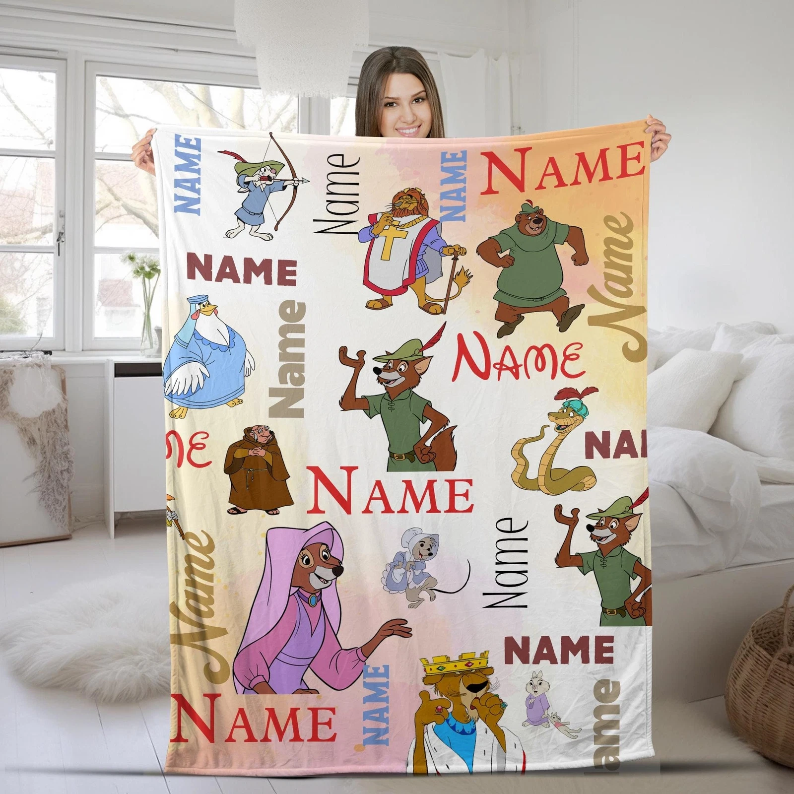 Personalized Watercolor Disney Robin Hood Blanket, Custom Name Robin Hood