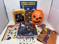 Vintage Halloween Decorations Lot, Treat bucket, Stickers, Dracula Cape, Ghosts
