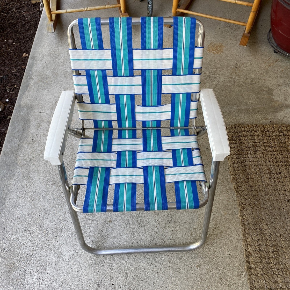 1 Vintage Aluminum Folding Lawn Chair Beach Woven Webbed Lawn