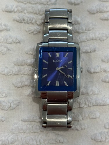 Bulova Mens Watch Blue Rectangle Analogue Face Stainless Steel Silver Band - Imagen 2 de 14