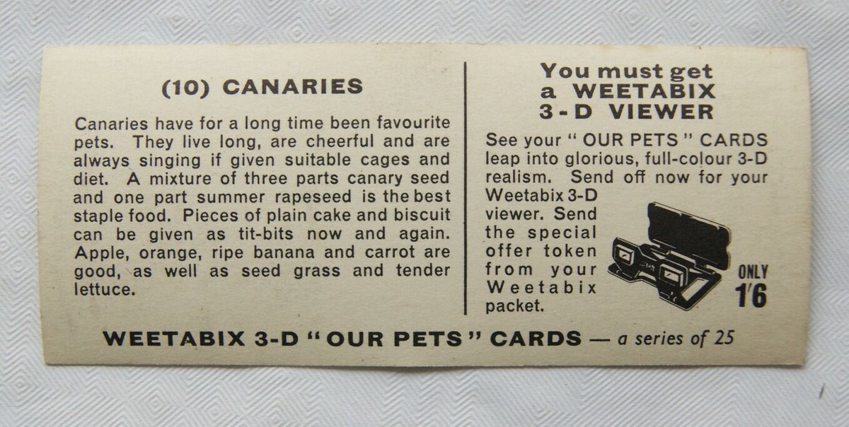 1960s Weetabix 3-D Our Pets Card 10 Canaries UK