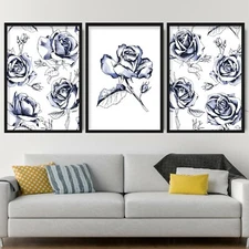 Set of 3 Navy Floral Abstract Rose Flower Wall Art Print Picture Poster
