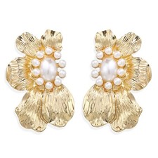 Gold Plated Pearls Flower Petal Stud Drop Earring