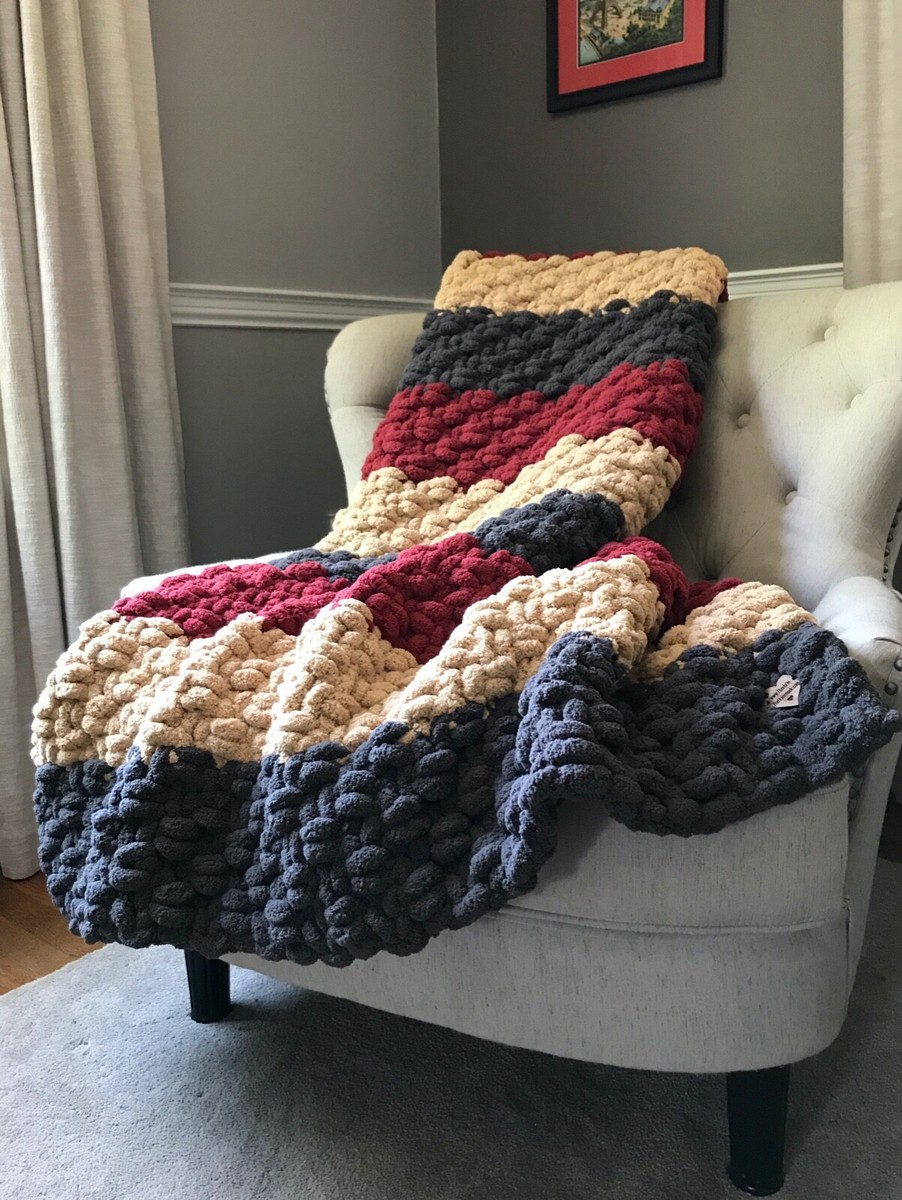 Chunky Knit Blanket - Cranberry Gray and Beige Throw - Soft