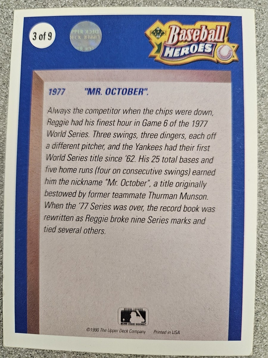 REGGIE JACKSON 1990 UPPER DECK BASEBALL HEROES INSERT CARD #3 MR