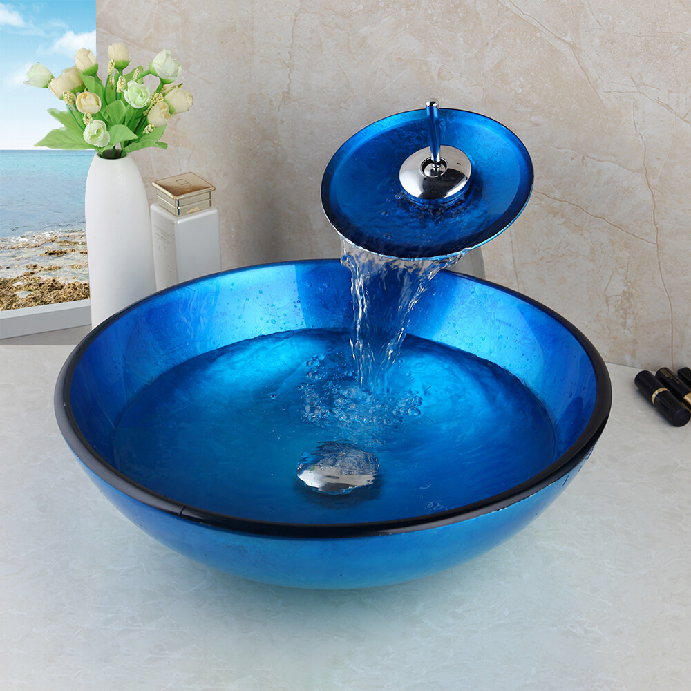 US Bathroom Round Vessel Sink Drain Mixer Faucet Glass Bowl Basin