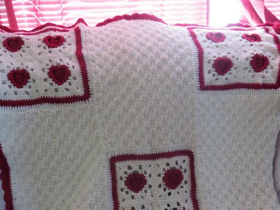 New! Handmade Crochet Blanket Throw Afghan - red, white OOAK
