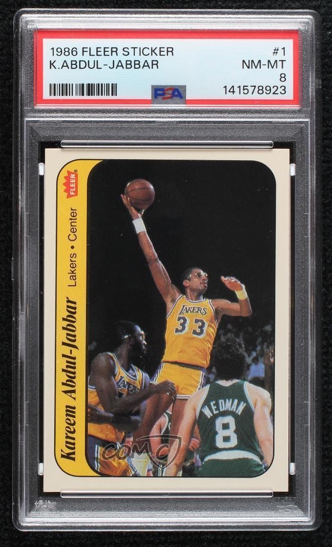 1986-87 Fleer Stickers Kareem Abdul-Jabbar #1 PSA 8 HOF dd2