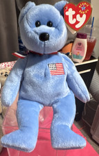 Ty Beanie Buddy America Blue Bear Plush with Flag Patch, 2001