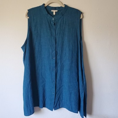 Eileen Fisher Blue Teal Linen Sleeveless Button-Front Mandarin Collar Top 3X