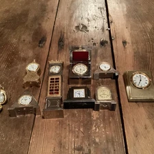Vintage Miniature Collectable Clocks Lot Of 9 Bulova, Pearl, Attona, Elgin, Etc