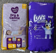Bundle of 2 New Diaper Packs -90 count Luvs Parents Choice Size 1 Unopened