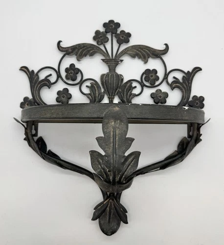 Vintage Ornate Black Metal Hanging Shelf, Half Moon Shelf Shape, Gothic Style