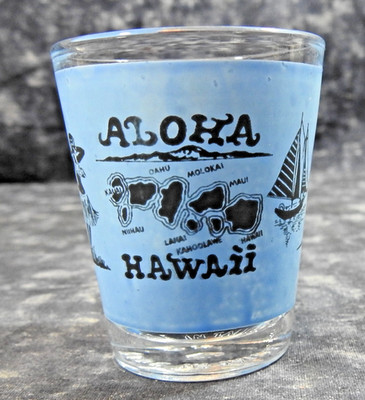 Vintage Aloha Hawaiian Blue Shot Glass Tiki Island Barware