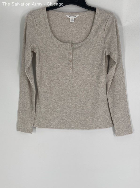 Athleta Womens Beige Heather Henley Neck Ribbed Long Sleeve Pullover Top Size M