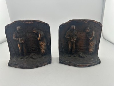 Antique Cast Iron The Angelus Bookends Pair Bronze Finish After Millet