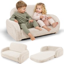 2-in-1 Sherpa Fold Out Kids Couch, Extra Wide Comfy Toddler Chair, Convertibl...