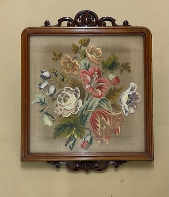 Antique Victorian Needlework Floral Embroidery In Mahogany & Glazed Frame C1880