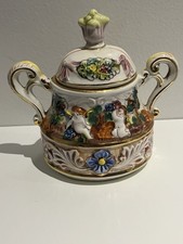Vintage Italian Capodimonte Gilded Sugar Bowl With Lid