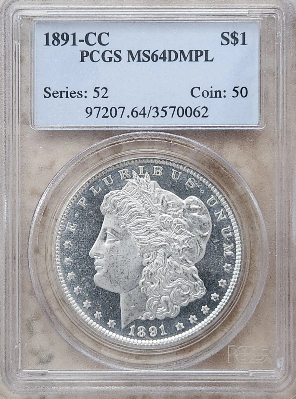1891 CC $1 PCGS MS-64DMPL. OFF THE MARKET FOR 25 YEARS!*OBH*7 DIGIT#BLAST WHITE