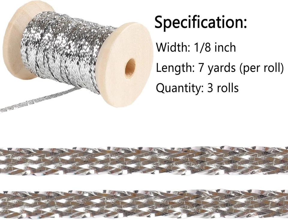 Fita fina prata 1/8 polegadas metálica trançada dupla face fitas de ondulação... - Imagem 2 de 4