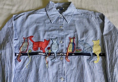 Vtg Two Twenty Button Up Shirt Top Cat Applique LS Cotton Stripe L EUC Cute