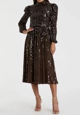 Mac Duggal Brown Sequin Long Puff Sleeve Pleated Midi Dress NWT Size 2