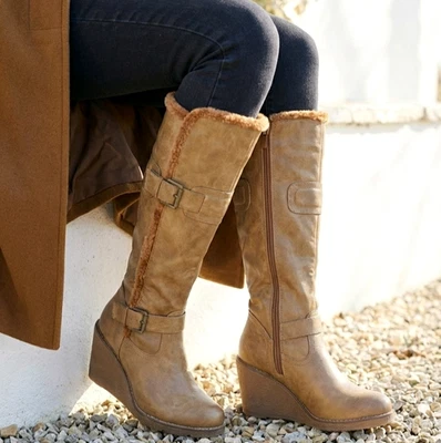 CCFARVISION Knee High Boots Womens Wedge Heel Zip Up Faux Leather Knee High Long Boots Size